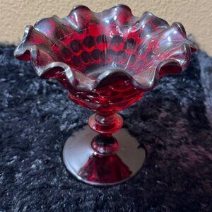 Vintage Red Glass Ruffled Edge Compote Candy Dish With Textured Base